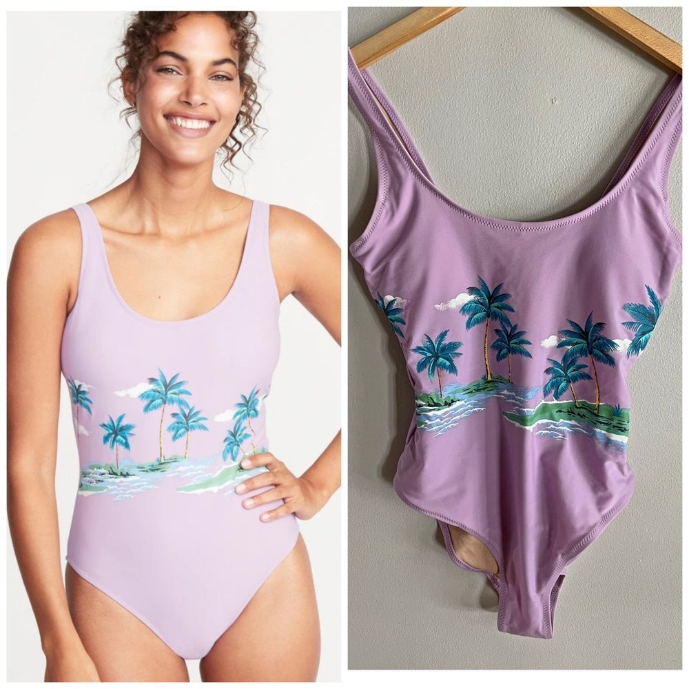 Old Navy Palm Tree One Piece Swimsuit Purple NWT Size S